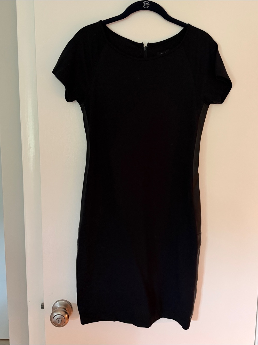 Theory Black Short-Sleeve Leather-Panel Sheath Dress